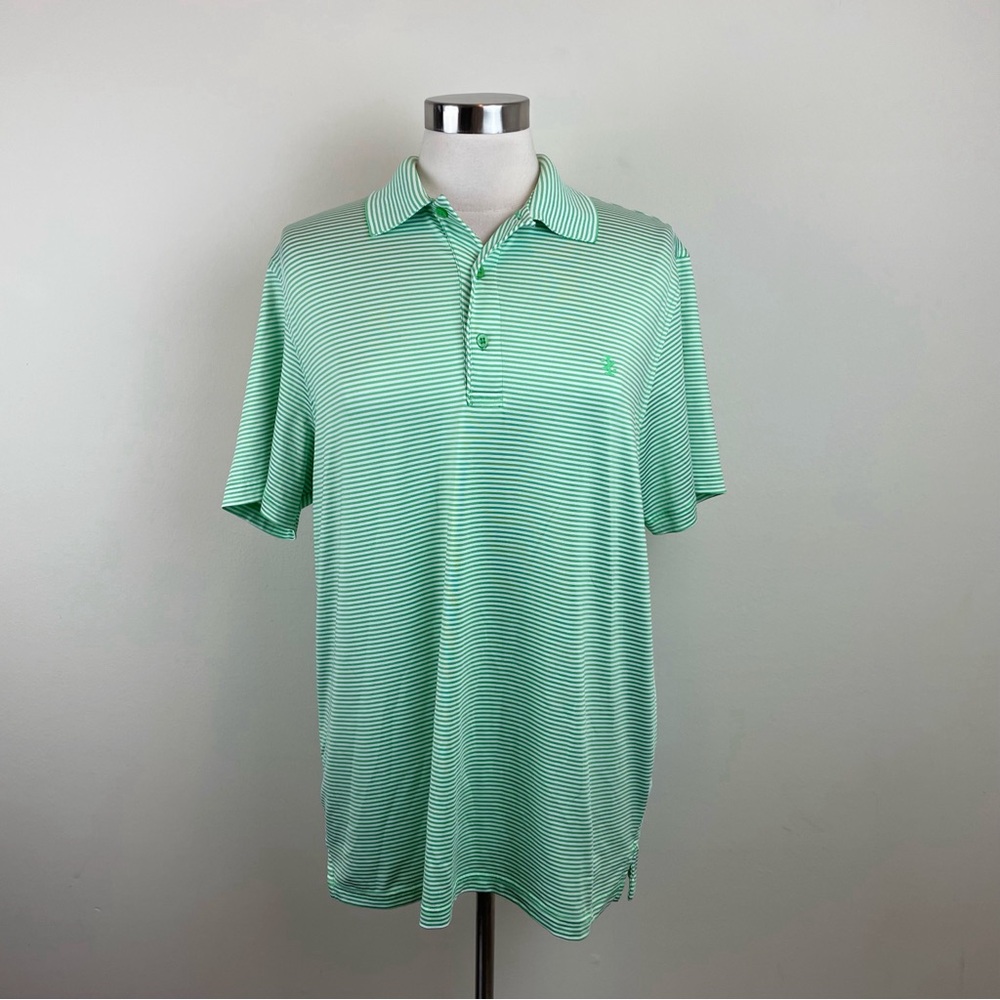 Izod Golf Green White Stripe Short Sleeve Collared Polo Shirt Men Size Large